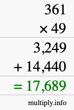How to calculate 361 times 49 using long multiplication