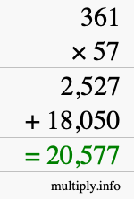 How to calculate 361 times 57 using long multiplication How to calculate 361 times 57 using long multiplication