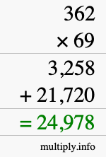 How to calculate 362 times 69 using long multiplication