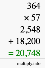 How to calculate 364 times 57 using long multiplication