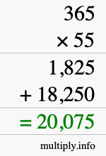How to calculate 365 times 55 using long multiplication How to calculate 365 times 55 using long multiplication