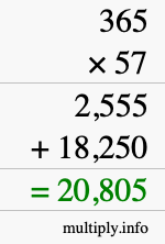 How to calculate 365 times 57 using long multiplication How to calculate 365 times 57 using long multiplication