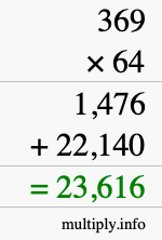 How to calculate 369 times 64 using long multiplication