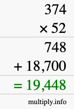 How to calculate 374 times 52 using long multiplication