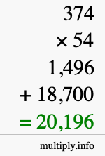 How to calculate 374 times 54 using long multiplication