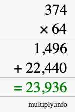 How to calculate 374 times 64 using long multiplication