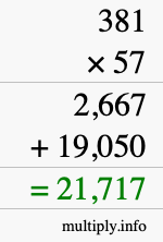 How to calculate 381 times 57 using long multiplication