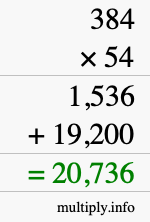 How to calculate 384 times 54 using long multiplication