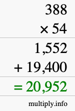 How to calculate 388 times 54 using long multiplication