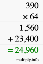 How to calculate 390 times 64 using long multiplication