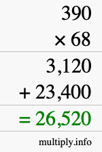 How to calculate 390 times 68 using long multiplication