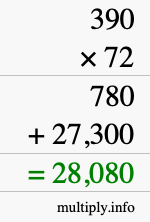 How to calculate 390 times 72 using long multiplication
