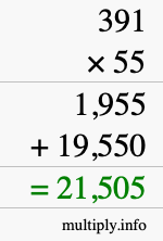 How to calculate 391 times 55 using long multiplication