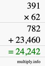 How to calculate 391 times 62 using long multiplication