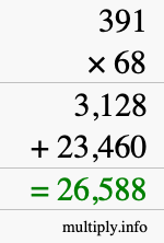 How to calculate 391 times 68 using long multiplication
