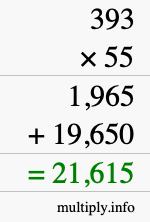 How to calculate 393 times 55 using long multiplication