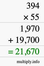 How to calculate 394 times 55 using long multiplication