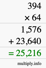 How to calculate 394 times 64 using long multiplication