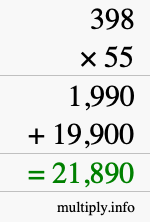 How to calculate 398 times 55 using long multiplication