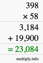 How to calculate 398 times 58 using long multiplication