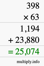 How to calculate 398 times 63 using long multiplication