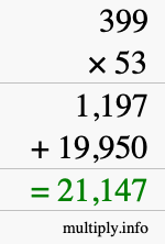 How to calculate 399 times 53 using long multiplication