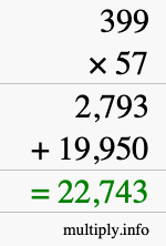 How to calculate 399 times 57 using long multiplication
