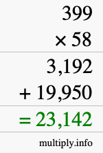 How to calculate 399 times 58 using long multiplication