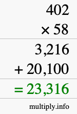 How to calculate 402 times 58 using long multiplication