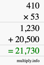 How to calculate 410 times 53 using long multiplication
