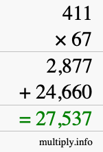 How to calculate 411 times 67 using long multiplication