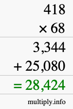 How to calculate 418 times 68 using long multiplication