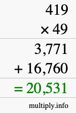 How to calculate 419 times 49 using long multiplication