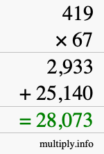 How to calculate 419 times 67 using long multiplication