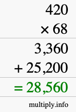 How to calculate 420 times 68 using long multiplication