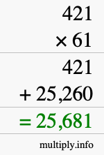 How to calculate 421 times 61 using long multiplication