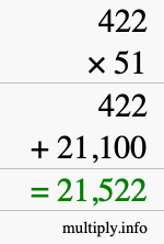 How to calculate 422 times 51 using long multiplication