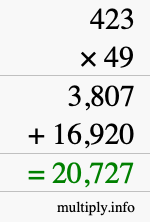 How to calculate 423 times 49 using long multiplication