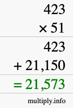 How to calculate 423 times 51 using long multiplication