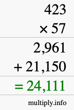 How to calculate 423 times 57 using long multiplication