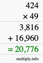 How to calculate 424 times 49 using long multiplication