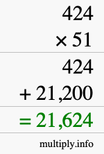 How to calculate 424 times 51 using long multiplication