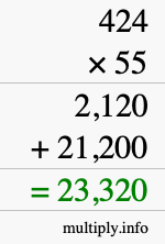 How to calculate 424 times 55 using long multiplication