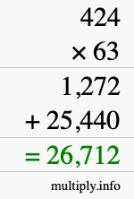 How to calculate 424 times 63 using long multiplication