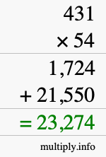 How to calculate 431 times 54 using long multiplication