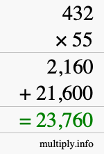 How to calculate 432 times 55 using long multiplication