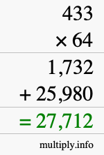 How to calculate 433 times 64 using long multiplication