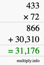 How to calculate 433 times 72 using long multiplication