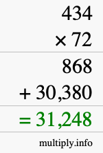 How to calculate 434 times 72 using long multiplication