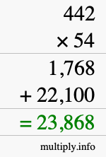 How to calculate 442 times 54 using long multiplication